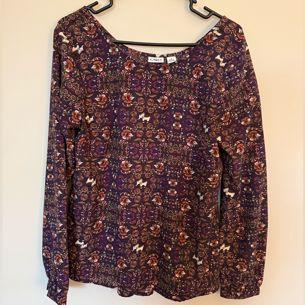 Cato Purple Floral and elephant flowy blouse with button sleeve medium